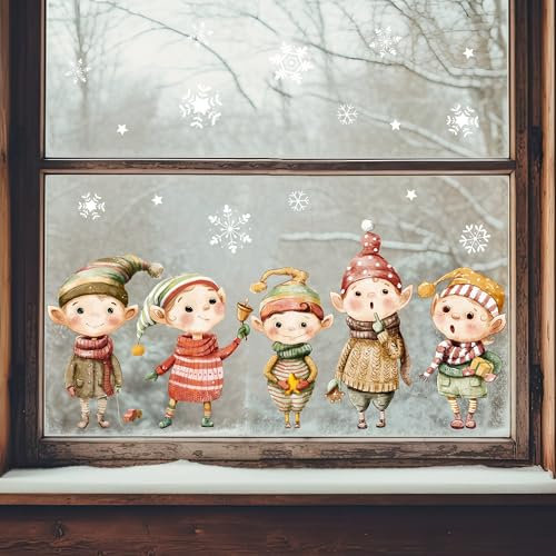 Wandtattoo Loft Fensterbilder Weihnachten mit 5 Elfen und Schneeflocken – Wiederverwendbar – A3 Bogen, 42 Sticker – Weihnachstdeko Fenster Kinderzimmer, Weihnachtsbilder Fenster, Fensterbild Winter