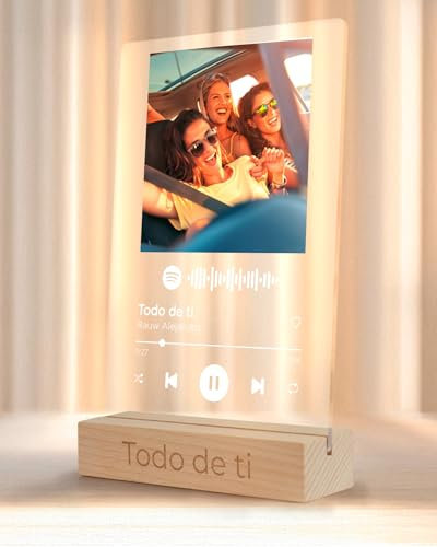 REGALOCREATIVO Placa Spotify Personalizada. Texto en Color Blanco 15x22cm. Cuadro en Metacrilato con Base de Madera. Canción, Texto e Imagen. Regalos Originales Ideales