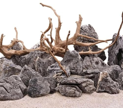 AquaOne Aquarium Steine Mini Landschaft Set mit Wurzel I Natursteine Seiryu 20kg Mix und Mookienwurzel XL I Aquascaping Gestein I Felsen Dekoration I Pagode Rückwand
