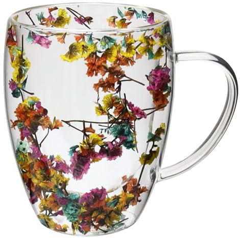 Dry Flowers Glass Coffee Mugs Double Walled Tea Cup Clear Glass Dried Flower Cup with Handle for Cold Beverages Gifts for Women Mum Wife Friend (350ml) (Colorful)