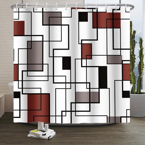 Xiaoterna Geometrischer Duschvorhang Abstrakter roter und schwarzer Badvorhang Moderne Einfachheit Geometrische Quadrat Wasserdicht Maschine waschbar Duschvorhang für Badezimmer 180x200cm