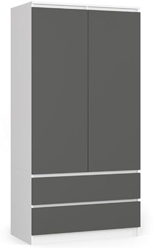 BDW Kleiderschränk 2 Türen, 4 Einlegeböden, Kleiderständer, 2 Schubladen, Garderobenständer, Schubladenschrank, Garderobenschrank für Schlafzimmer, Wohnräume, 180x90x51cm, (Weiß/Grau)