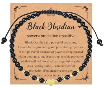 JSDDE Damen Perlenarmband Echtes Naturstein Armband mit Herzanhänger einstellbar geflochten Damen Armband Glücksarmband Schmuck für Damen Frauen (Obsidian)