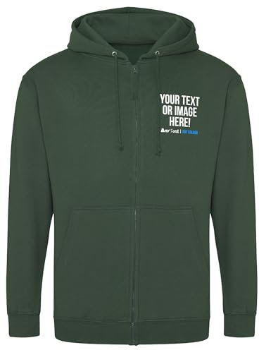 Purple Print House Personalised Zipped Up Hoodie Mens Womens Any Text Image Photo Custom Work Company Logo Uniform Full Length Zipper Hoody Hooded, L, Bottle Green