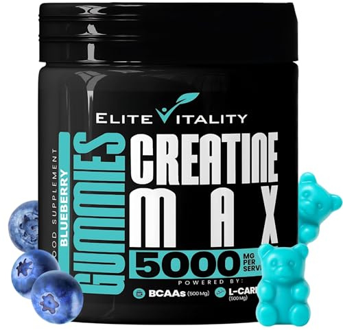 Creatine Monohydrate 90 Gummies 5000mg + BCAAs & L-Carnitine – 3rd Party Lab Tested, Vegan, Sugar-Free, Pre Workout Muscle Growth & Recovery Gym Supplement for Men & Women – Tangy Blueberry Blast