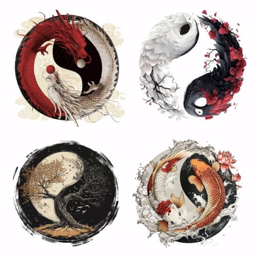 SUPERDANT 4 Stück Yin Und Yang Bügelbilder Wärmeübertragung Patches Taiji Aufbügler Aufkleber Waschbares Erdbeer Kirsch Aufbügler Für Kleidung T Shirts Jeans Rucksäcke DIY Applikation