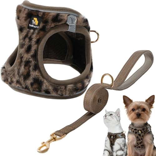 BELLA & PAL Hundegeschirr Kleine Hunde mit Leine, Step-in-Geschirr aus Langflorplüsch, Wärme | Anti-Zug| reflektierend Welpengeschirr, Brustgeschirr für kleine Hunde, Katzengeschirr, Braun Leopard, L