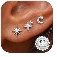 Finrezio 3 Paar Medizinische Ohrstecker Silber 925 Damen Hypoallergene | Ohrringe Stecker Stern Mond Klein Mini Flatback Ohrstecker mit Flachem Verschluss Piercing Ohr Schmuck Gold/Silber/Rosegold