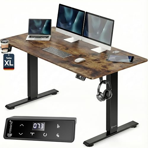 Casaria® Höhenverstellbarer Schreibtisch elektrisch 160 x 70 cm mit Wireless Charger & USB-C/A Anschluss LCD-Display Memory-Funktion 80 kg belastbar ergonomisch Vintage-Braun