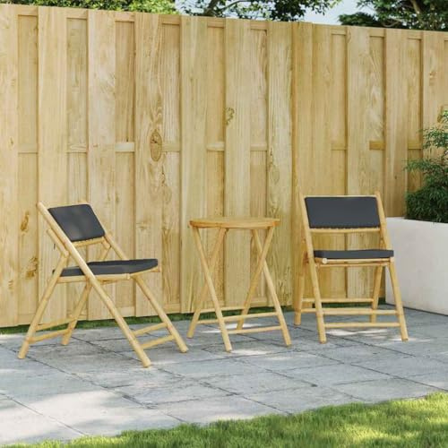 Frdhee Ensemble de jardin 3 pièces - Mobilier de jardin pliable avec coussins gris foncé en bambou - Meubles d'extérieur pour balcon, véranda, arrière-cour - Résistant aux intempéries