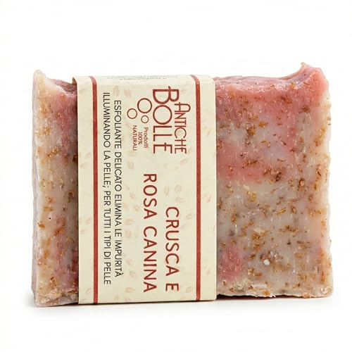 Sapone Solido Naturale Rosa Canina e Crusca - Esfoliante Viso e Corpo Delicato per Pelle Luminosa - Azione Rigenerante e Idratante con Olio d'Oliva - Artigianale Senza Olio di Palma, Bio e Vegano 100g