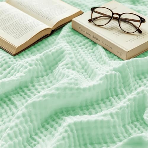 bechoanigel Musselin Decke 150x200 cm – 100% Baumwolle, 6-Lagige Weiche Sommerdecke, Atmungsaktive Dünne Kuscheldecke für Bett & Sofa, Tagesdecke Couch Überwurf (Hellgrün)