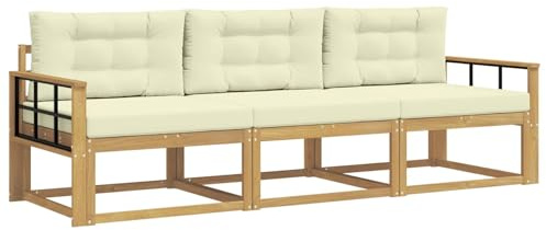 vidaXL Outdoor-Sofagarnitur mit Kissen 3 pcs Weiß und Creme Polyester, Akazienholz Sofa Set für draußen, modernes Loungemöbel, Flexibler Gartenplatz, wetterfeste Einrichtung