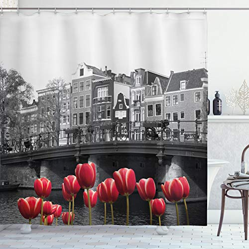 ABAKUHAUS Amsterdam Duschvorhang, Amsterdam-Kanal, Stoffliches Gewebe Badezimmerdekorationsset mit Haken, 175 x 180 cm, Schwarz Weiß und Rot