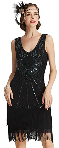 BABEYOND Años 20 Estilo Vintaje Vestido con Cuello en V Gatsby Disfraz Vestido con Flecos de Lentejuelas (Negro, XXL)