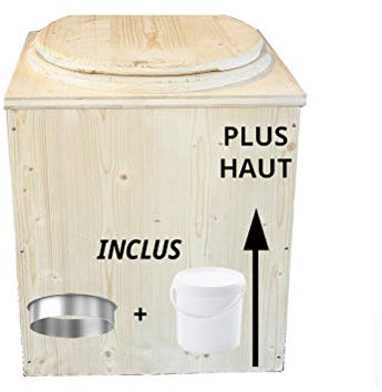 Toilette sèche en bois rehaussée avec seau plastique alimentaire 20L et bavette de protection inox - Fabrication artisanale Française - N5