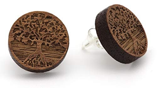 NaturSchatulle Holzohrringe Lebensbaum Gravur 15mm Holzschmuck Holz Ohrringe 925 Sterling Silber I natürliche Ohrschmuck Ohrstecker Damen