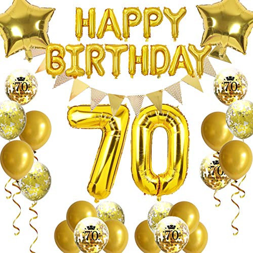 Fechy 70. Geburtstag Dekoration, Happy Birthday Ballon Wimpel Banner Gold Nummer 70 Geburtstag Ballone Stern Folienballons Konfetti Luftballons für Mann Vater 70 Jahre alt Geburtstag Dekoration