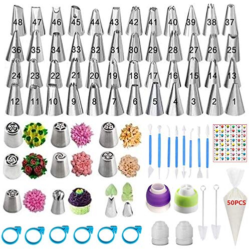 YOQXHY 130 Pcs Piping Tips and Bags Set with 48 Numbered Icing Tips,7 Russian Tips,1 Ball Tip,2 Leaf Tips,Pattern Chart,8 Carved Pens,4 Couplers,6 Ties,50 Disposable Pastry Bags for Cake Decorating