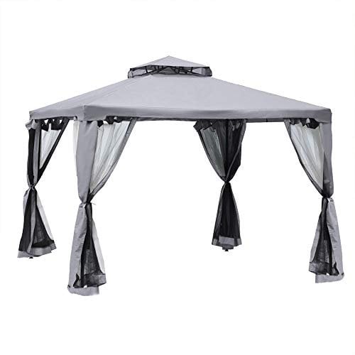 Outsunny Pavillon mit Doppeldach, ca. 3x3 m Wasserdicht Stabil Winterfest Gartenpavillon mit Moskitonetz, Seitenteile, Garten-Pavillon aus Metall, für Garten, Terrasse, Hellgrau