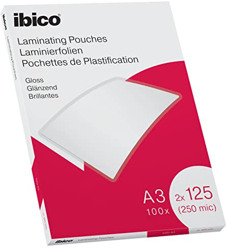 Ibico Laminierfolien A3 250 Mikron (2 x 125 mic), 100 Stück, Glänzende Heißlaminierfolien, Abgerundete Ecken, Ideal für Zeichnungen und Plakate, Transparent, Kristallklar, 627321