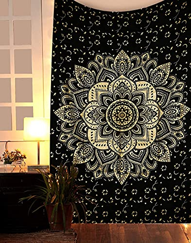 raajsee Wandteppich Mandala,Zimmer Deko, schwarzes Gold Wandtuch Boho WandDeko,Wandbehang Psychedelic 132X208 CM