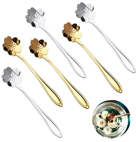 Dessertlöffel aus Edelstahl, Kirschblüten-Form, für Kaffee, Honig, Getränke, Gold und Silber, 6 Stück
