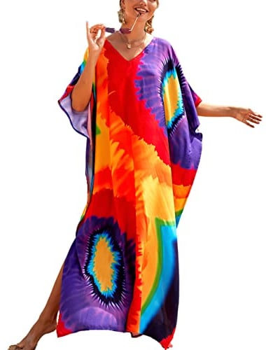 Bsubseach Colorful Beach Cover Up Loose Kaftan Dress Short Sleeve Swimsuit Beachwear for Women Rainbow