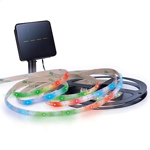 Aktiver mehrfarbiger selbstklebender Solar-LED-Streifen | 90 LED-Leuchten – 3 m mehrfarbiges Licht und 4 Meter Gesamtverlängerung | Solarladesystem mit 5 Lumen Leistung | Wasserdicht mit IP44-Schutz