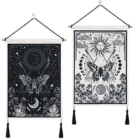 Betylifoy 2 Stück Kleine Wandteppiche mit Quasten, Sonne und Mond Tapisserie Tarot Wandbehang Schmetterling Motte Wandteppich Schwarz und Weiß Wandteppich für Schlafzimmer Ästhetik (Mondfinsternis)
