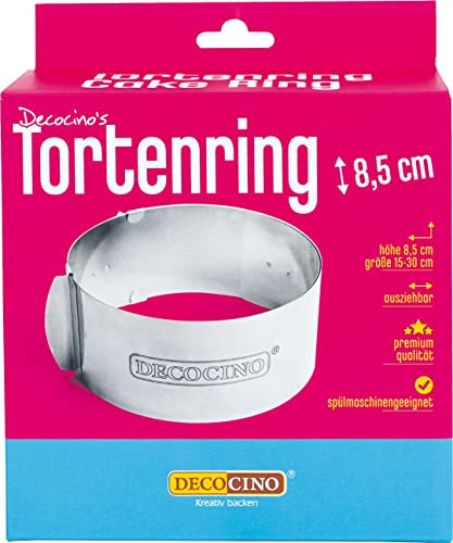 DECOCINO Tortenring – ausziehbar – Edelstahl Kuchenform, 8,5 cm hoch – ideal zum Backen, Formen & Schichten von Geburtstags-Kuchen, Hochzeits-Torten, Silber