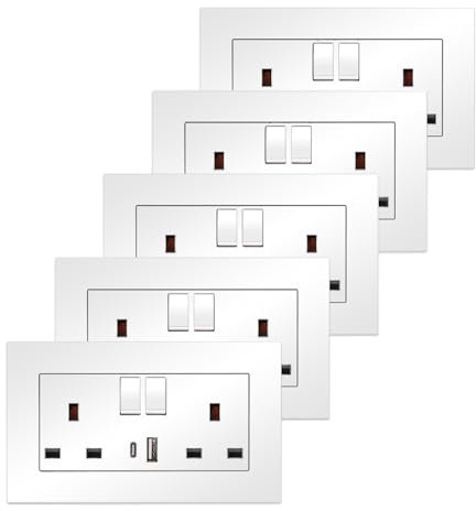 5 Pack CNBINGO Double Switched Power Socket with Dual USB Charging Ports (Type A and C), White 13 Amp Electric Wall Socket