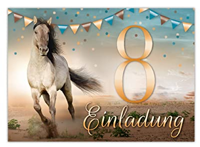 Junapack 12 Einladungskarten zum 8. Kindergeburtstag achte Geburtstag Mädchen Pferd