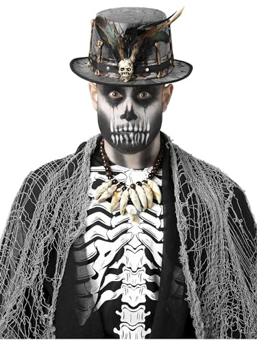 Smiffys Witch Doctor Distressed Black Top Hat with Feathers, Halloween Fancy Dress Accessory, Voodoo Woman Dress Up Hats