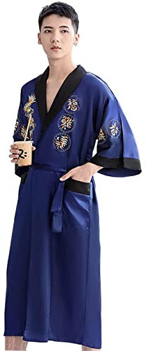 Bon amixyl Peignoir Unisexe Kimono Japonais Chinois Dragon Pyjama Cardigan Kimonos Robe de Chambre en Satin Peignoir Bleu L