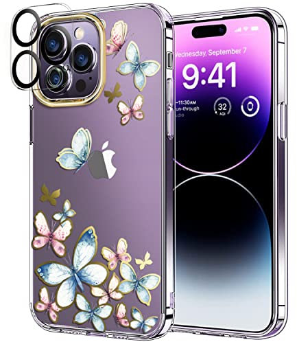 luolnh Compatible with iPhone 14 Pro Case with Flowers,for Girly Women,Shockproof Clear Floral Pattern Hard Back Cover for iPhone 14 Pro 6.1 inch 2022 -Blue Butterfly