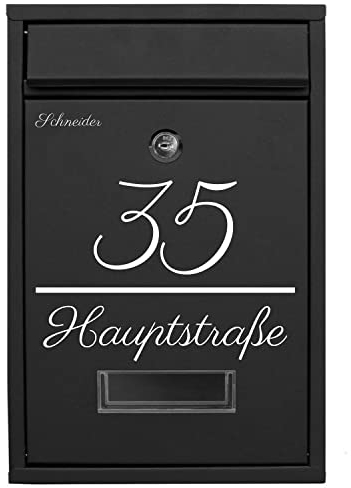Gustav Briefkasten Klein in Schwarz (RAL 9005) Personalisiert mit Namen & Hausnummern, inklusive „Bitte Keine Werbung” Aufkleber