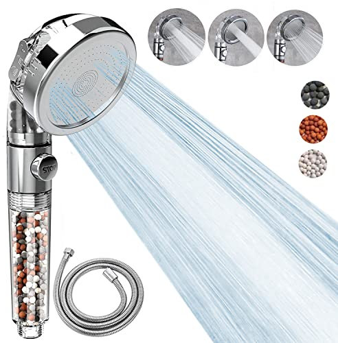 Shower Head Powerful Flow with Beads and 1.5M Hose, Rainfall Shower Head High Pressure Shower Head to Increase Pressure 3 Modes Spray Function Contains Extra Replaceable Filter Beads