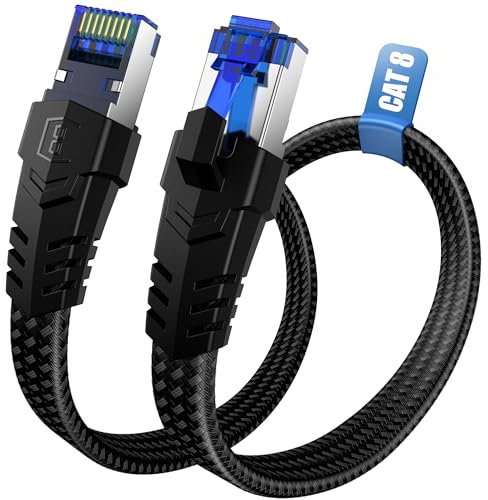 Nixsto Cable Ethernet 3 metros, Cat 8 40Gbps 2000MHz Alta Velocidad Cable de Red, Plano RJ45 Gigabit Cable Lan, Corto Trenzado de Nylon Cable Internet, Compatible con Cat9/Cat8/Cat7/Cat6/Cat5e