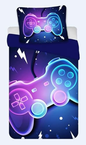 BrandMac Parure de Lit Gamer 100% Coton, Housse de Couette 140x200 cm + Taie d'oreiller 65x65 cm, Gaming, Jeu Vidéo