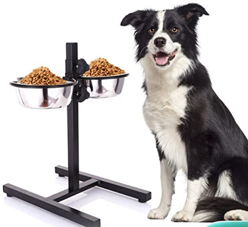 Mangeoire pour Chien INOX + Support Hauteur Réglable, Acier Inoxydable,Porte-gamelles - idéal pour Chiens Grands ou Vieux (Noir)
