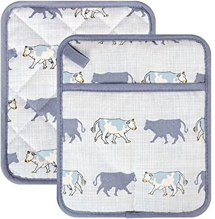 Topflappen, 2 Stück, hitzebeständig, 250 °C, Küche, 100 % Baumwolle, bequemes Futter, bedruckt, Fuchs, Blume, Damen, Herren, Zuhause, Kochen, Backen, Mikrowelle, Grill, Geschenk (Kuh-Topflappen)