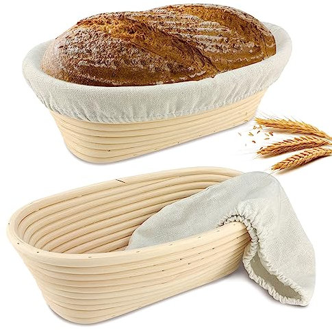 25cm Oval Bread Banneton Proofing Baskets: SnailDigit Oblong Brotform Sourdough Proofing Bowls with Liners, Bread Basket for Artisan Bread Making for Professional and Home Bakers, Set of 2