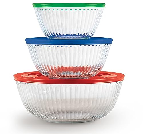Pyrex Sculpted (3-Pack) Glass Mixing Bowls Set With Plastic Lids For Prepping, Baking and Cooking, Preheated Oven, Dishwasher, Freezer, and Microwave Safe