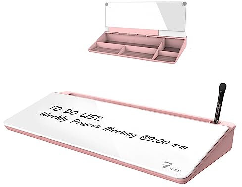 Small Desktop Whiteboard with Mirror, TOWON Glass Dry Erase Board with Storage, Deskboard Organizer with Accessories for Office, Home, School Supplies, Pink, 40 x 19 cm