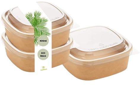 DeinPack 300 Salatschalen 400ml | to go Schalen mit Deckel braun eckig I Recycellbare Schalen Kraftkarton Verpackung mit PLA Beschichtung I Suppenschale | Eisschale | Deckel aus recyceltem PET