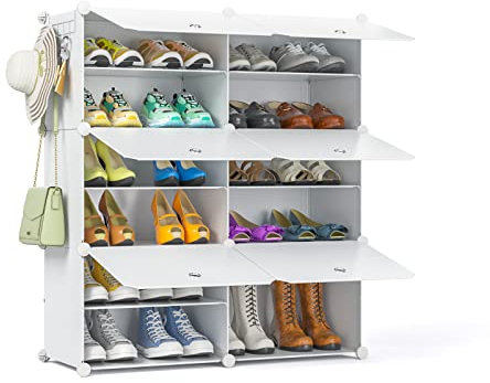 FUNLAX Schuhregal, 6-stufiger Schuhschrank Schuhaufbewahrung für 24 Paar Schuhe, Kunststoff-Schuhregale mit Tür, Schuh Organizer für Flur Schlafzimmer Eingangsbereich, Weiß