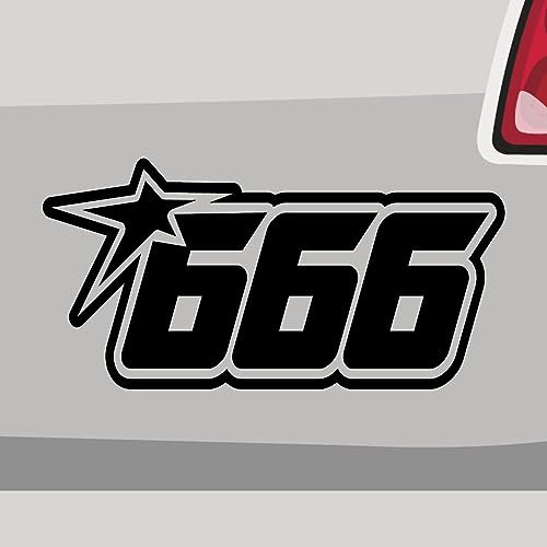Stickerfreaks Startnummer 666 Aufkleber Hexe Satan Sticker Hell Devil Auto Bike Decal Vinyl Aufkleber Größe: 10x5cm (S) | Farbe: 10-weiß | Racenumber Sticker Kleber Deko Tuning Zahl