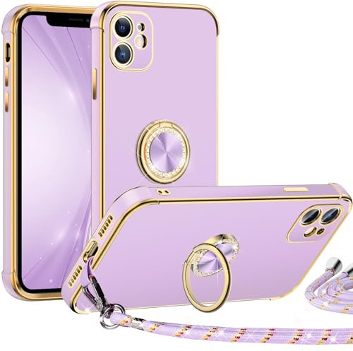 Miss Arts für iPhone 12 Hülle mit Band, Ring Ständer Handyhülle Handykette Frauen Mädchen Dünn Stoßfeste Schutzhülle für iPhone 12 Case Lila