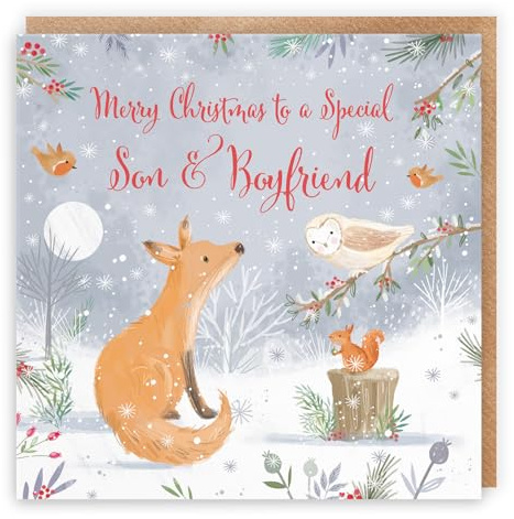 Hunts England - Weihnachtskarte für Sohn und Freund, niedlicher Fuchs – Naturschätze – Happy Animal Wildlife niedliche lustige Weihnachtskarte – Rotkehlchen, Eule, Eichhörnchen – von Mama, Papa,